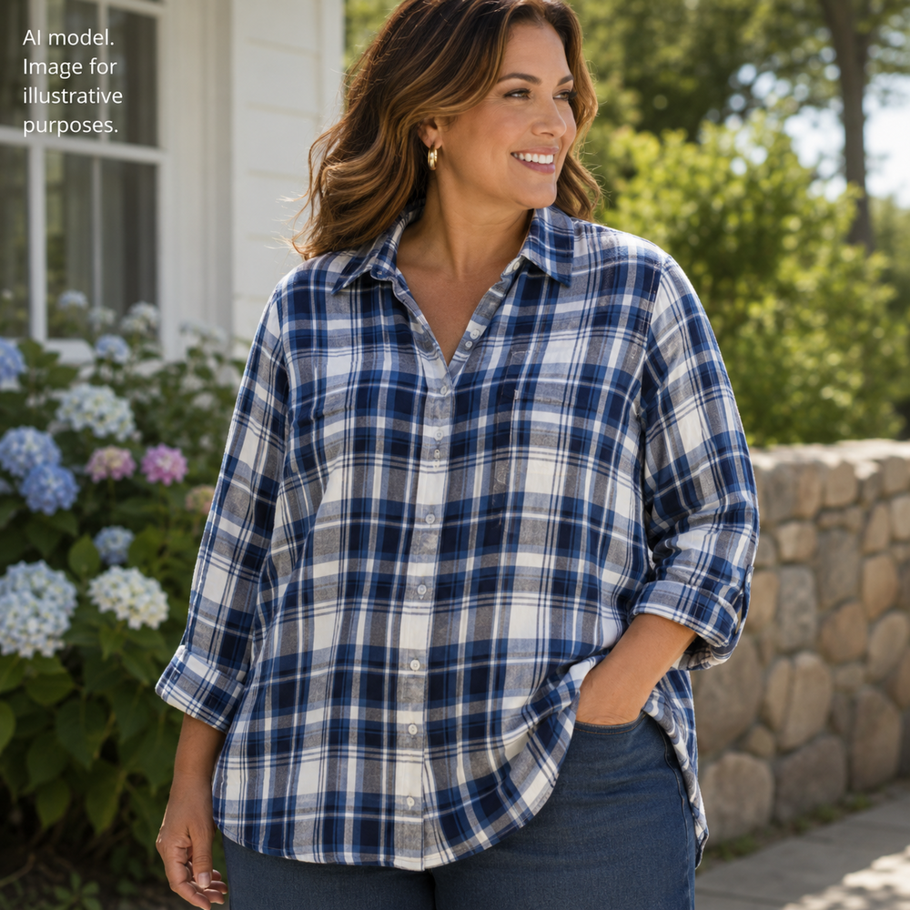 Lauren Ralph Lauren Shirt Womens 1X Blue Plaid Button Front Roll Tab Top